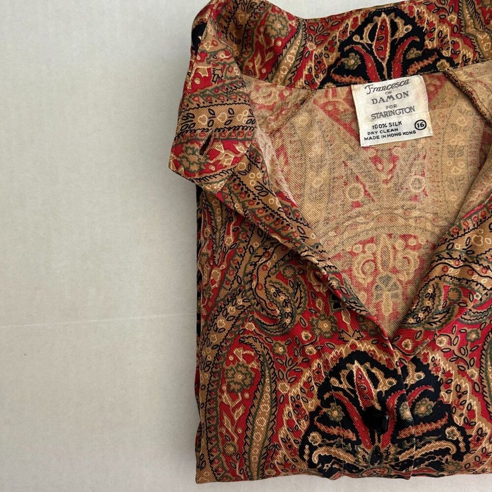 VTG, 80s Francesca of Damon, 100% SILK Carmel Paisley Button Blouse, Womens XXL